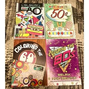 Bundle of 4 adult coloring books, stress relief. 50’s 60’s 80’s